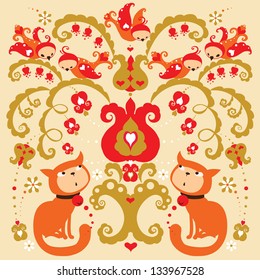 Two Cute Red Cats hunting  Birds .Floral background greeting card. Template design can be used for packaging,invitations,Birthday decoration,bag template, print for mag cup, t shirts, etc.
