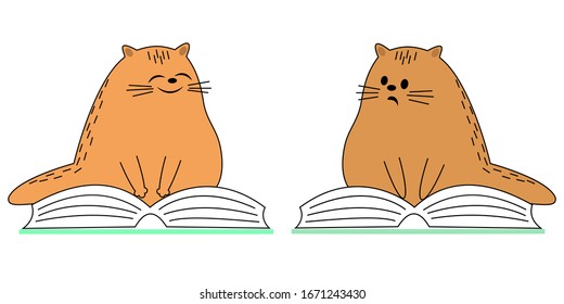 Two cute red cats. A pet is sitting on a book. The animal reads and smiles. Cartoon image. Vector illustration set.