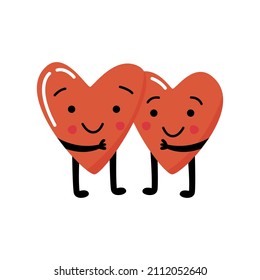 Dos lindos personajes rojos se abrazan y se aman. Ilustración vectorial de San Valentín