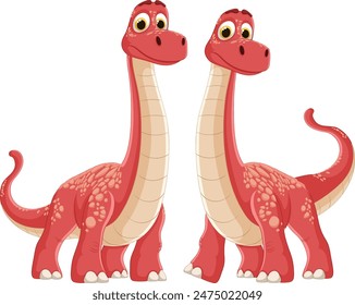 Two cute red dinosaurs standing together