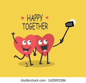 two cute red happy hearts in love take a selfie on the phone