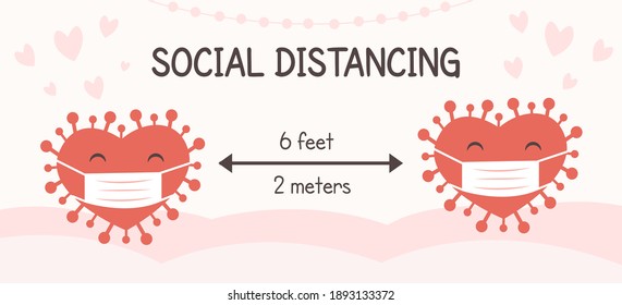 Two cute red heart shaped bacteria wearing medical face mask and social distancing. Concept for Valentine Day 2021 during pandemic COVID-19. Keep safe distance. Vector banner, poster, illustration.
