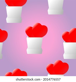 Dos corazones rojos adorables en una olla de cerámica cuadrada blanca sobre fondo morado y rosado como patrón sin costura. El verdadero amor a las parejas en el concepto del día de San Valentín.
