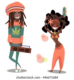 two cute reggae cartoon men and woman