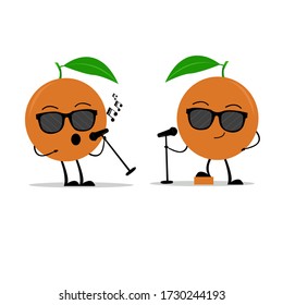 two cute ripe orange characters in singing poses and cartoon style accessories. illustration, flat design.