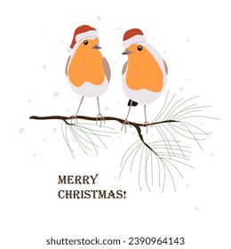 Dos lindos pájaros ladrones con sombrero rojo de Santa Helper sentados en un brunch de pino. Caricatura de Navidad ilustraciones vectoriales aisladas.