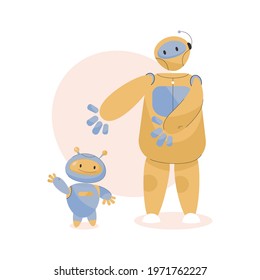 Two cute robots assistants. Robotic machines with artificial intelligence for smart home system. Robo cybernetics technology concept. Vector character illustration isolated on white background