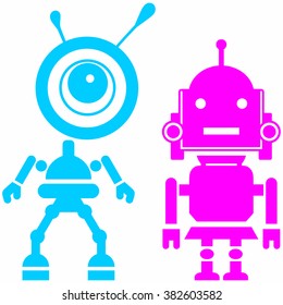 Two cute robots, girl and guy. Abstract image of a fictional. Isolated on blue background. Vector silhouettes