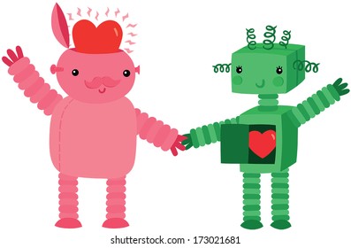 Two Cute Robots In Love Holding Hands