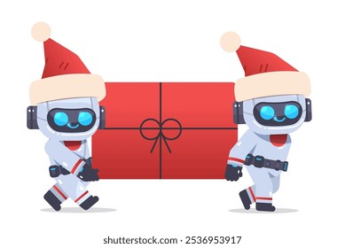 Two cute robots in Santa hats are carrying big red gift box. Christmas technology characters vector illustration