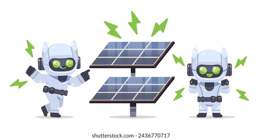 Two cute robots and solar panel station. Green energy charging concept 