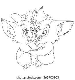 two cute romantic and lovely cartoon koalas embracing each other and dancing passionate tango on saint valentines day, isolated on a white background