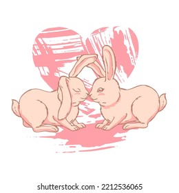 Two cute romantic pink rabbits are sitting on the background of the heart. Vector image.