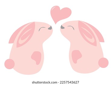 Two cute romantic pink rabbits in love. Valentine's day card