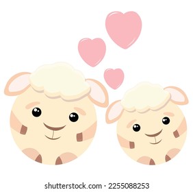 Dos lindas ovejas románticas enamoradas, y sobre ellas tres corazones rosados. Tarjeta de San Valentín