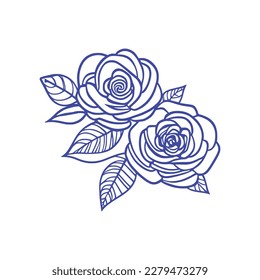 Two Cute Roses Blue color Vector artwork coloring page, coloring book, black outline hand drawn sketch. Vector element for natural, wedding design, plant, botanical illustration, coloring book, line a