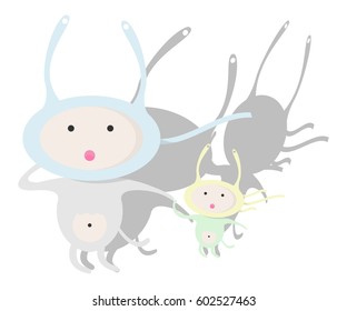 Two cute running cartoon monsters isolated.Vector illustration