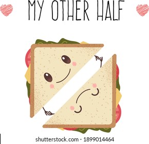 Two cute sandwiches holding hands. Illustration in a simple flat style. Valentine's Day typography poster with hand-drawn illustrations. Design for gift tags, greeting cards, t-shirts, and banners.