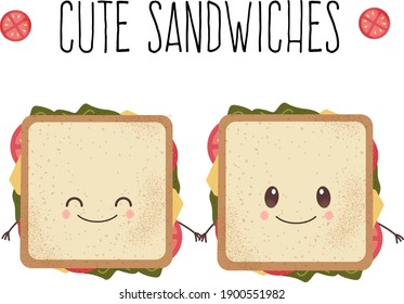 Two cute sandwiches holding hands. Illustration in a simple flat style. Valentine's Day typography poster with hand-drawn illustrations. Design for gift tags, greeting cards, t-shirts, and banners.