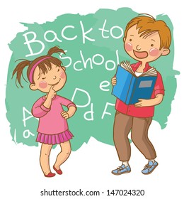 Two Cute School children and chalkboard . School activities. Back to School isolated objects on white background. Great illustration for a school books and more. VECTOR.