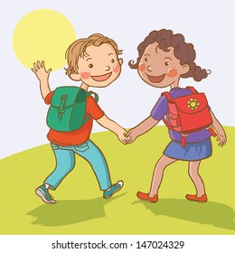 Two Cute School children walking to school. Back to School isolated objects on white background. Great illustration for a school books and more. VECTOR.