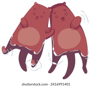 Two cute sea otters couple floating and holding hands. Vector isolated illustration