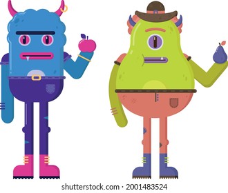 Two cute serious monster characters are holding apple and pear fruits. Delicious healthy food that weird has to offer. Illustration, drawing, vector, design, graphics