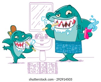 Two cute sharks, father and son, happily wash your teeth.