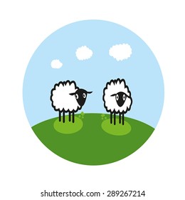 Two cute sheep on meadow illustration.