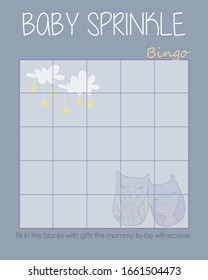 Two cute sleeping owls, Cloud and Stars Baby Shower Bingo Layout Template, Do it Yourself  Game with Woodland Animal theme for boy and girl, Blue Unisex mommy to be activity card