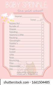Two cute sleeping owls, Cloud and Stars Baby Shower She said what Layout Template, Do it Yourself Game with Woodland Animal theme for girl, Pink Color Unisex mommy to be activity card