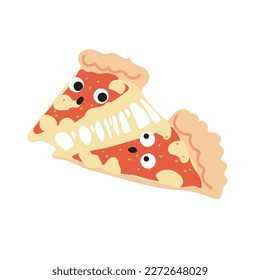 Two Cute slices of pizza with stretchy cheese. Pizza with anthropomorphic face. Italian food. Italian cuisine. Vector illustration