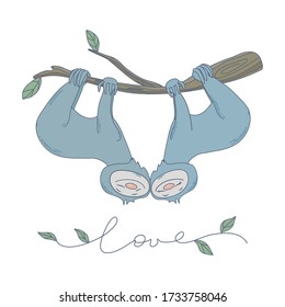 Two cute sloths in love hanging on a branch vector isolated illustration