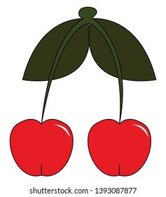 Dos pequeñas cerezas lindas en el dibujo o ilustración de color vectorial de color rojo