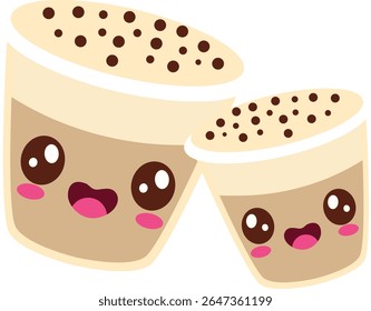 Two cute smiling bubble tea cups with happy faces and tapioca topping, perfect for friendship, romance, and sweet beverage themes.