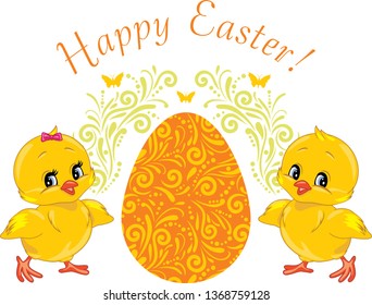 Two cute smiling chicks. Design for Easter card. Vector