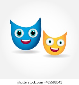 Dos lindas lechuzas sonrientes aisladas de fondo blanco. Ilustración vectorial de búhos de dibujos animados con colores brillantes azules y amarillos. El concepto de amistad.