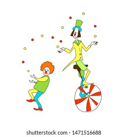 Two cute smiling red and white clowns juggling. Color cartoon vector  image.