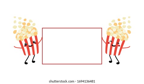 Two cute and smiling vector popcorn cup character holding empty, blank card.

