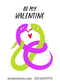 Dos serpientes lindas se abrazan y se besan. El concepto de San Valentín. Ilustración de dibujos animados de Vector para imprimir.