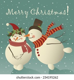 Two cute snowman in love celebrating Christmas.Vector greeting card