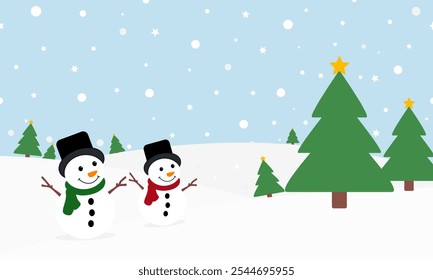 Two cute snowman on Christmas winter background. Vector Flat Illustration.