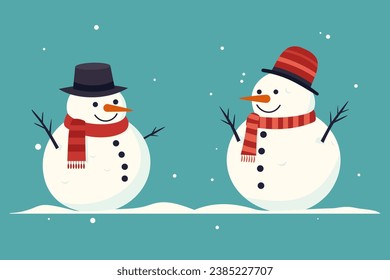 Two cute snowmen in scarves and colorful hats are happy to meet you. Design for Christmas or New Year, poster, card, banner.