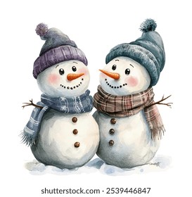 Two cute snowmen standing together in snow. Cozy winter accessories: knitted hats and scarves in blue purple tones. Snowmen have cheerful expressions, carrot noses, button eyes. Vector illustration