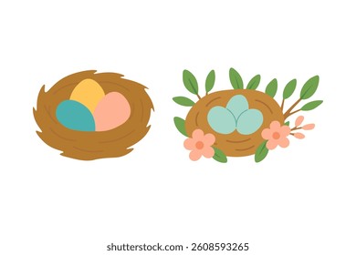 Two cute spring bird nests with bright eggs, green leaves and flowers in cartoon style.