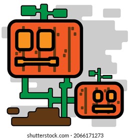Two Cute Square Halloween Pumpkin Head Flat Design Cartoon for Shirt, Poster, Gift Card, Cover or Logo