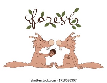 Two cute squirrels and lettering forest vector illustration