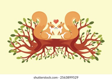 two cute squirrels in love on a tree branch flat vector illustration