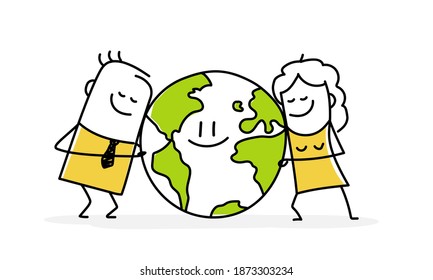 Two cute stick figures affectionately hug a planet earth that smiles. Vector illustration.