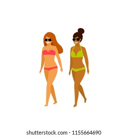two cute summer girls walking on the beach vector illustration 